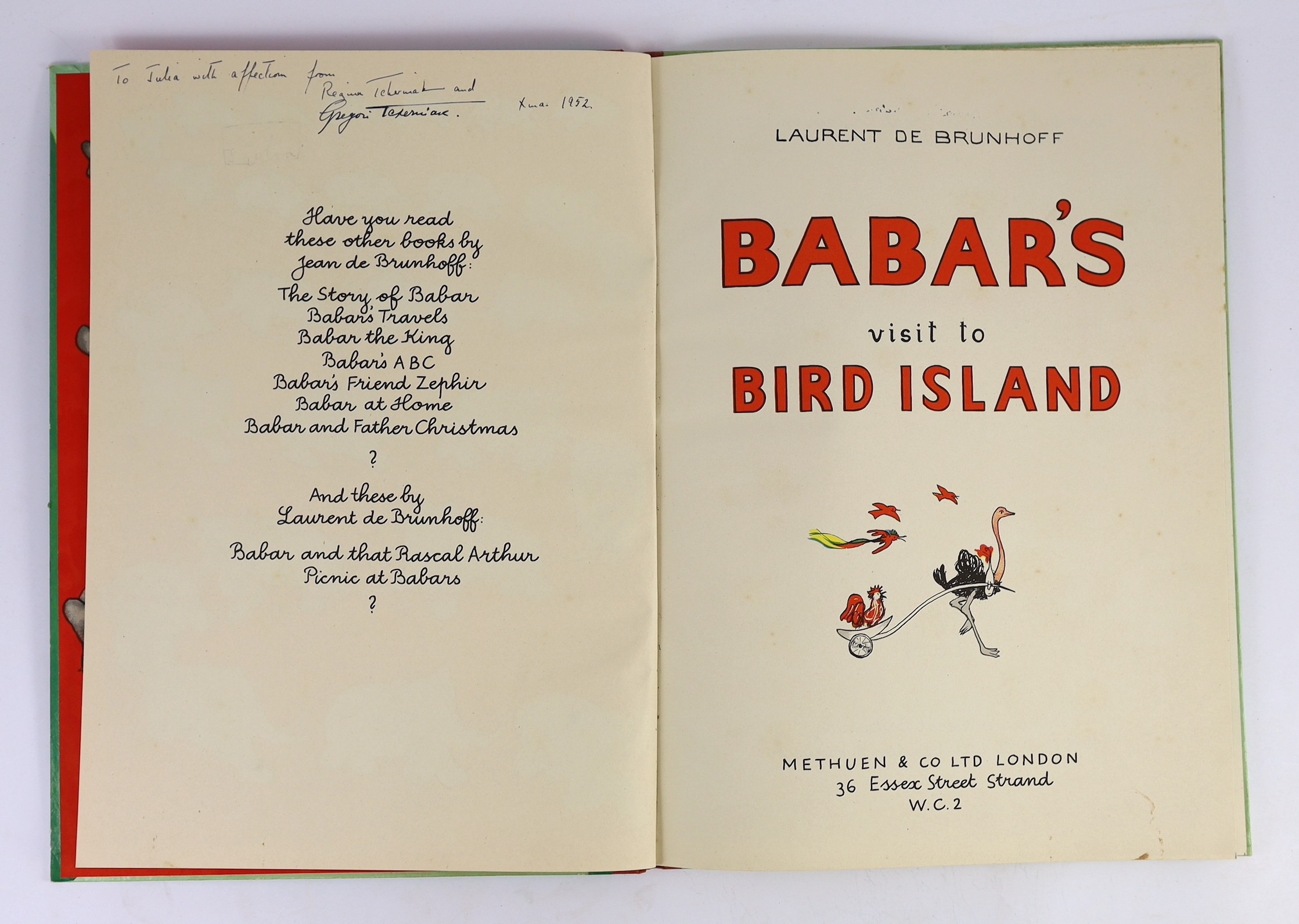 Brunhoff, Laurent de -2 works - Babar’s Picnic, folio, pictorial boards with d/j, translated by Merle Haas, Random House, New York, 1947 and Babar’s Visit to Bird Island, folio, pictorial boards, Methuen & Co., Ltd, Lond